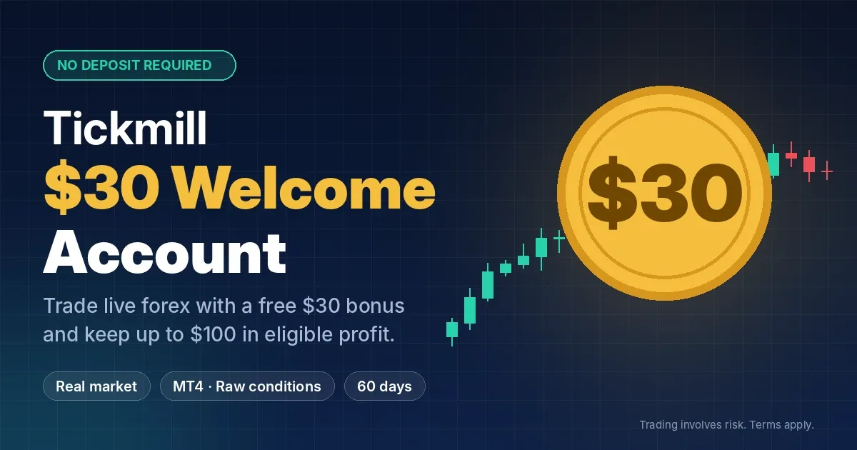 Tickmill $30 completely free, no deposit needed